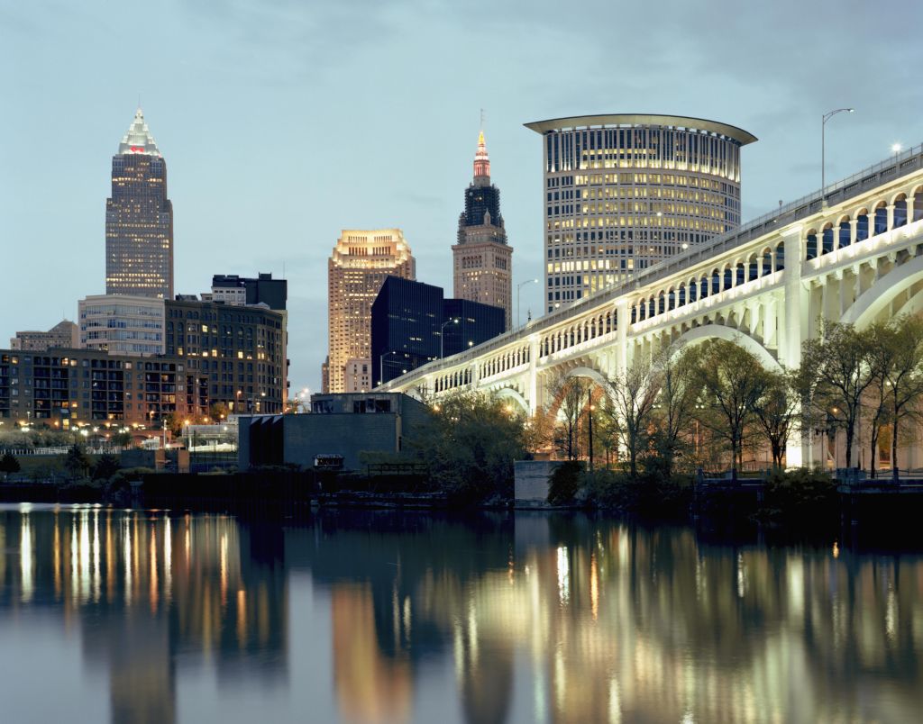 dusk view of downtown Cleveland Skyline