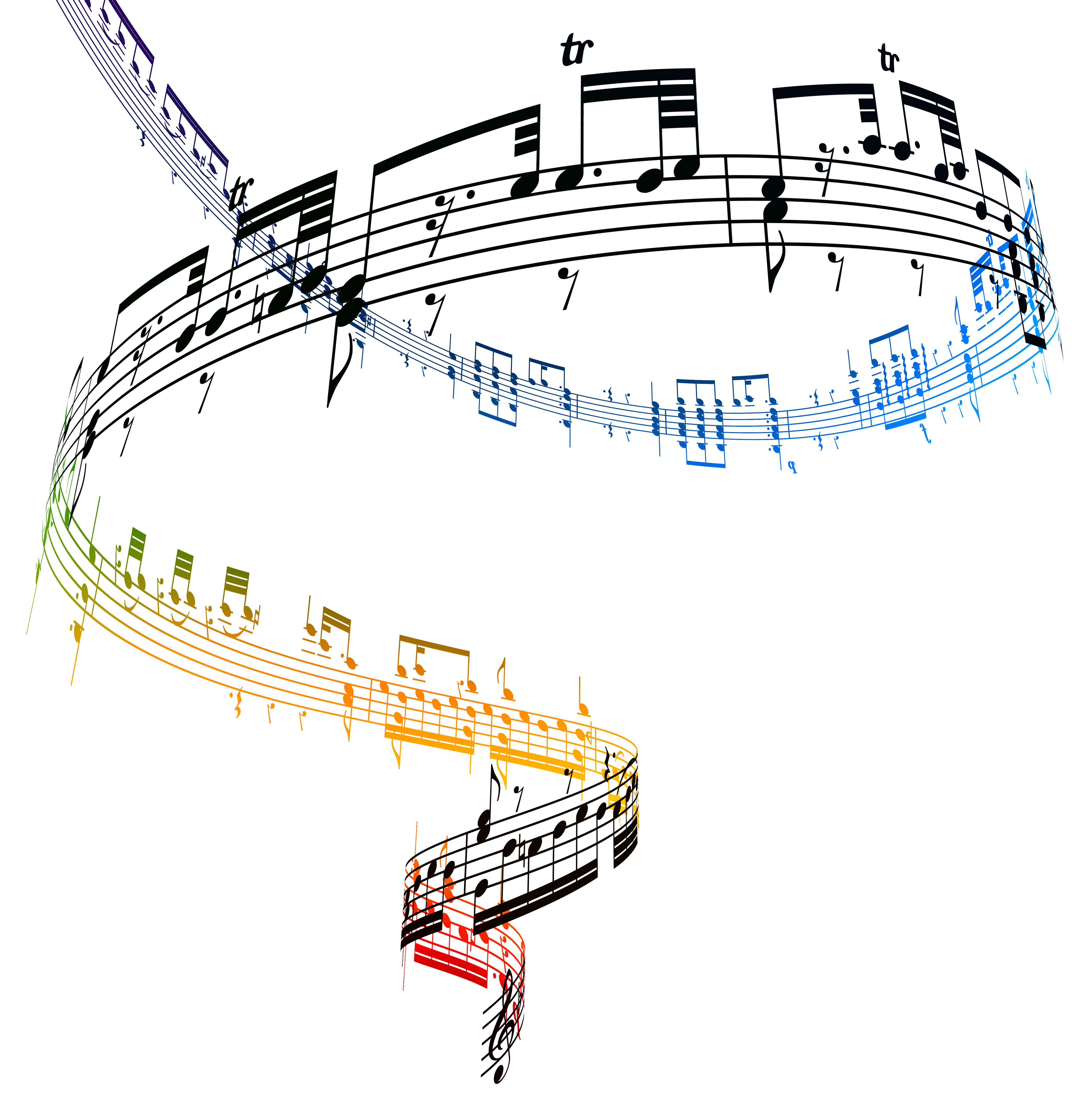 A swirling vortex of music against a white backgro