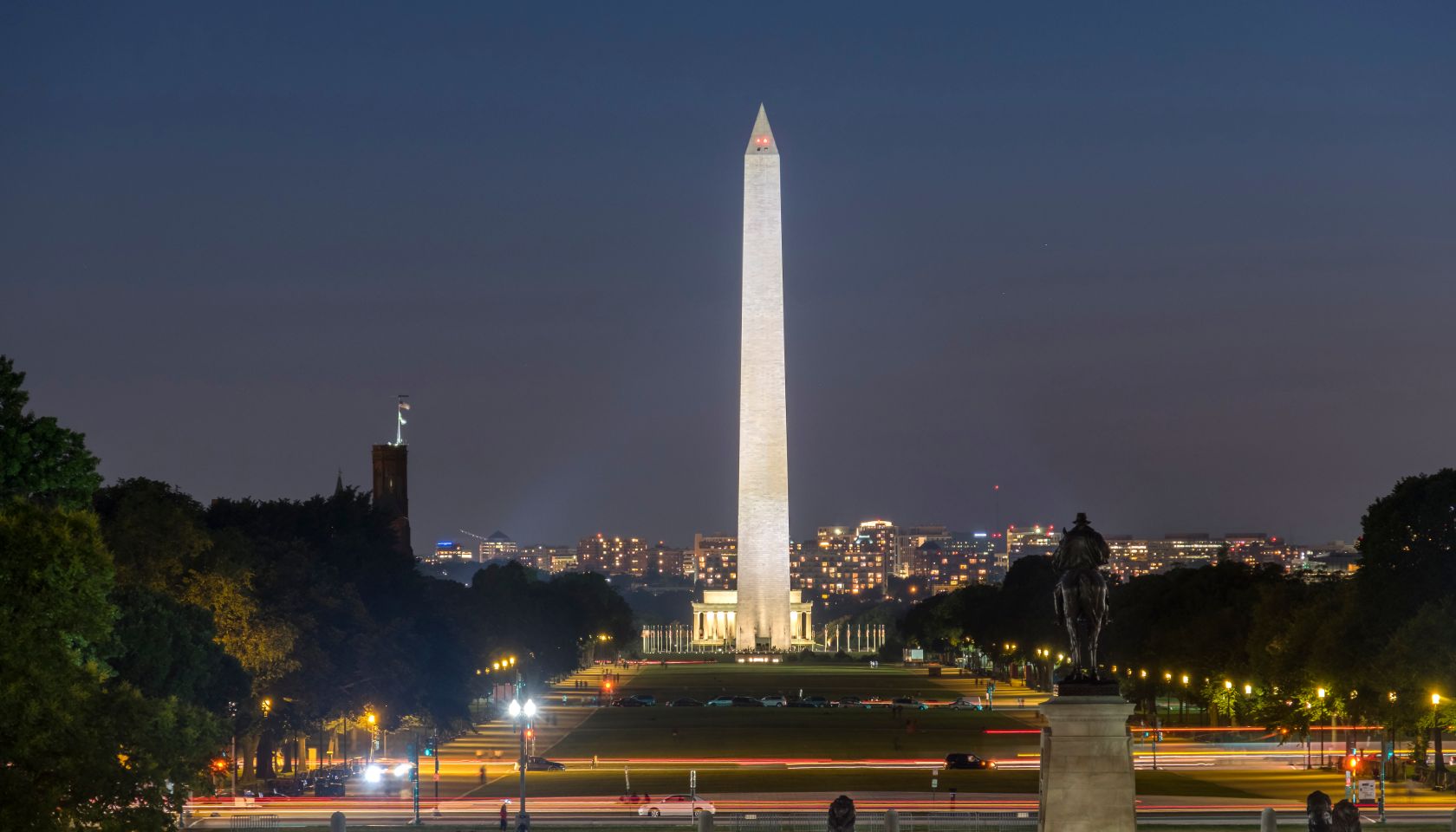 The Washington Monument and National Mall at night viewed from Capitol Hill in Washington DC