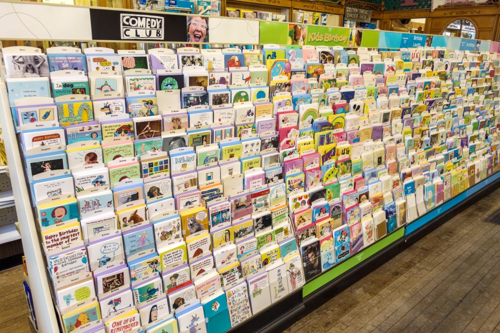 Greeting cards retail display inside Chenoa Pharmacy Schuirman's Drug Store 1889.
