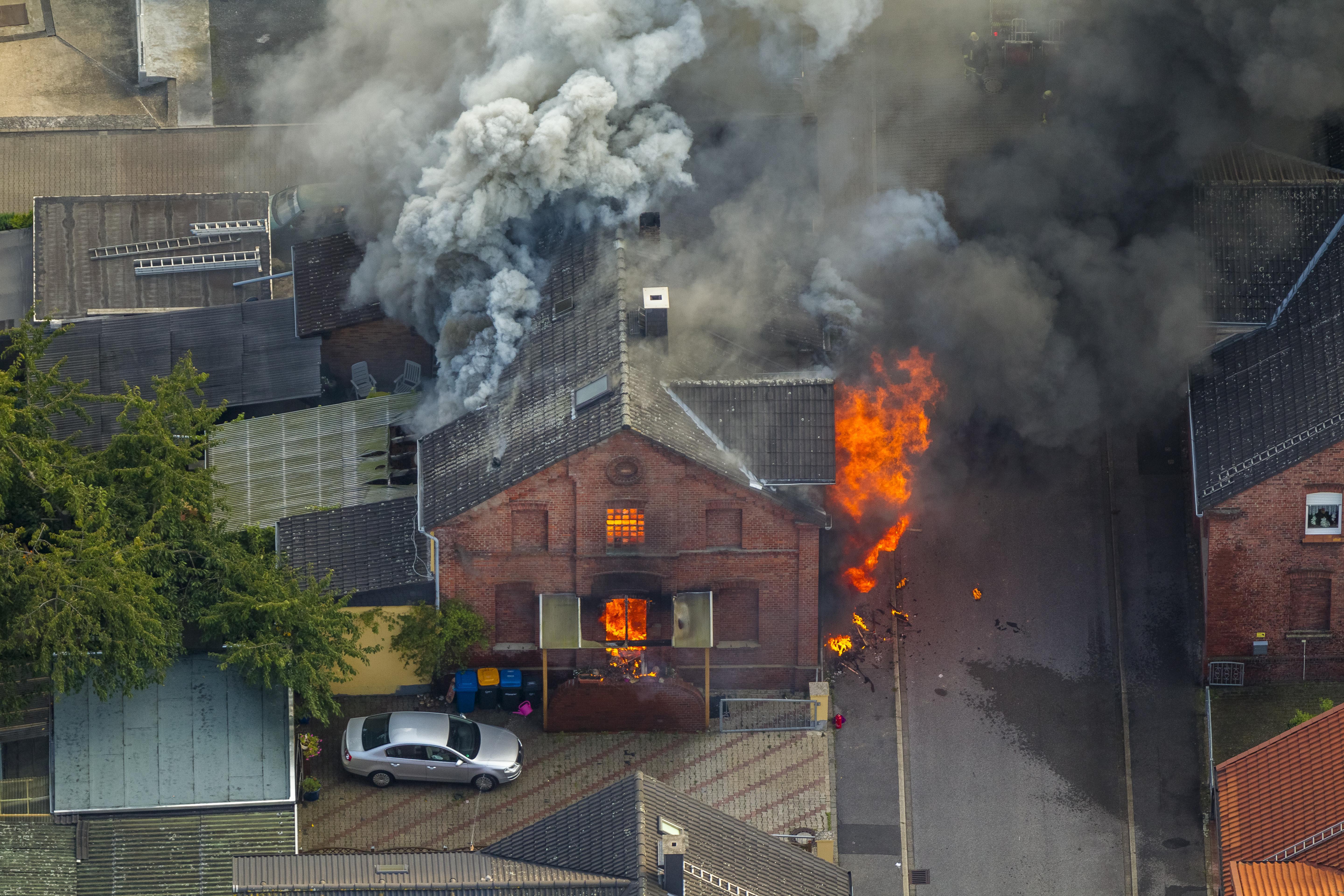 Fire in a pithead building, Gustavstrasse street, aerial, Boenen, Ruhr district, North Rhine-Westphalia, Germany