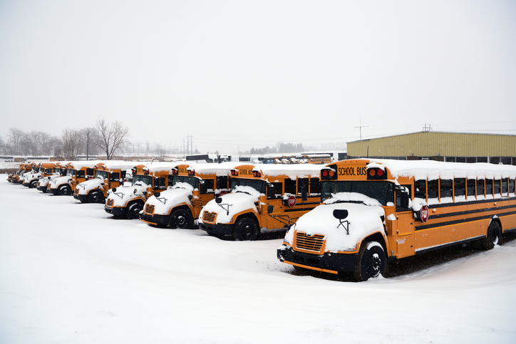 School bus and snow weather at Rugby, North Dakota, USA