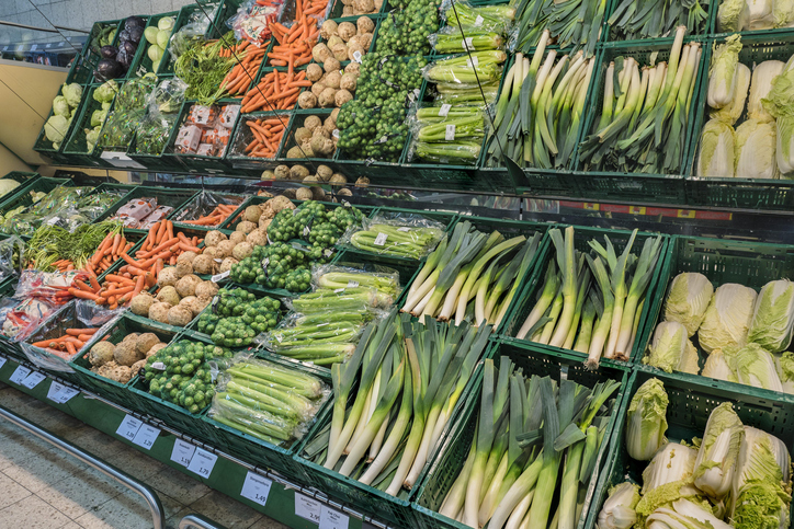 Various vegetables in crates in supermarkets, Munich, Upper Bavaria, Bavaria, Germany