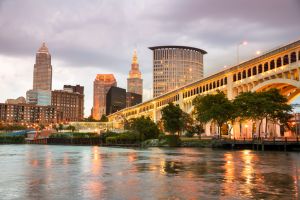 Downtown Cleveland city skyline in Ohio USA