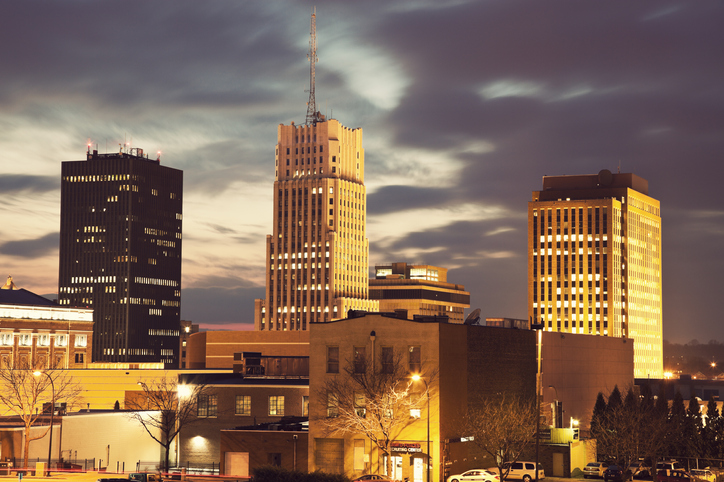 USA, Ohio, Akron, Sunset in downtown