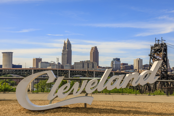 Cleveland script sign and city skyline - Tremont