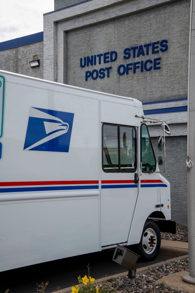 United States Post Office, Mail delivery truck parked at post office, Roseville, Minnesota.
