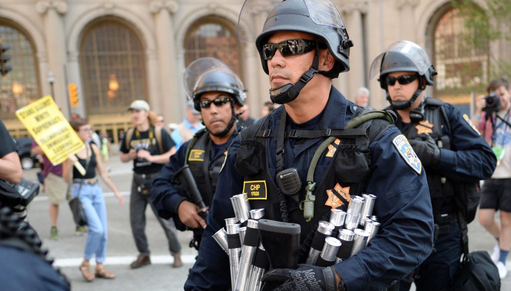 (Cleveland, OH, 07/19/16) Police move in on Cleveland's Central Square as demonstrators began unruly during the Republican National Convention in Cleveland, Ohio on Tuesday, July 19, 2016. Staff photo by Christopher Evans