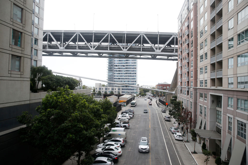 The Bay Bridge spans Beale Street between the Baycrest Towers (left) and Bridgeview residential buildings in the Rincon Hill neighborhood in San Francisco, Calif. on Thursday, Aug. 24, 2017. Area residents are concerned that an increase of traffic on the