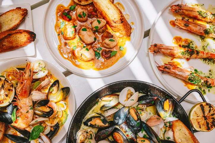 Variety of seafood delicacies arranged on a tabletop